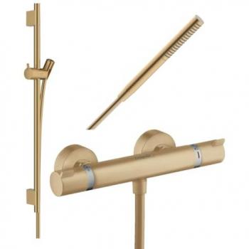Pack Mitigeur Douche Thermostatique Ecostat Comfort avec Barre Unica S Puro, Flexible et Pommeau Pulsify S en Bronze Brossé