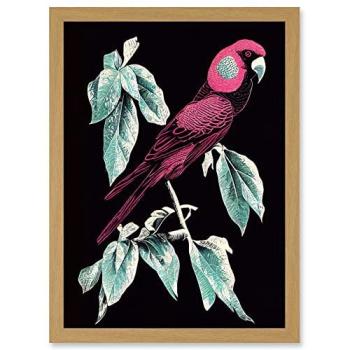 Light Oak Coral Parrot on Tree – Contemporary Silver Linocut, A4 Canvas Print