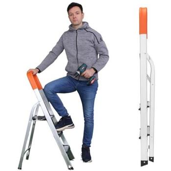 Novecrafto Lightweight 3‑Step Aluminum Folding Ladder – Silver Safety Handrail Included