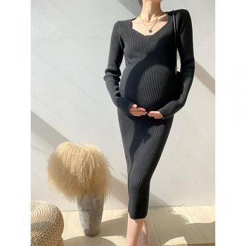 Jupe de maternité longue, tricot slim, couleur unie, pour séance photo, hiver