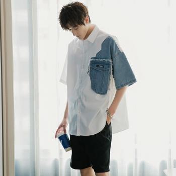 Summer Trendy Men's Color Block Denim Shirt 9Y1955