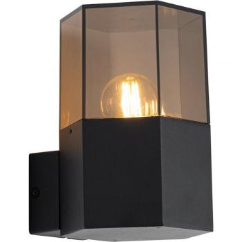 Aplique de pared exterior IP44 negro con cristal ahumado hexagonal