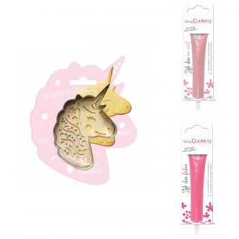 Juego de Galletas Relieve Unicornio + 2 Chocolateras Rosa Pastel y Fucsia