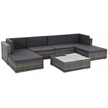 7-tlg. Lounge-Set für den Garten mit grauen Polstern aus Poly Rattan