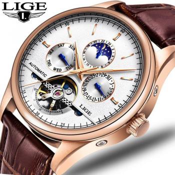 LIGE Orologio Meccanico in Acciaio con Tocco di Oro