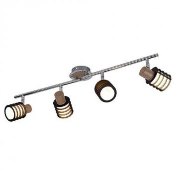 Plafonnier moderne à spots, chrome orientable, verre rétro, détails bois flamme, 4xE14 – 70 cm