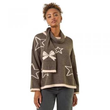 Large Dark Grey Roman Star Scarf Knitted Set for Women