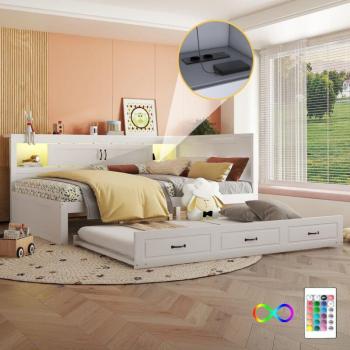 Lit Convertible 140x200 cm – Canapé‑Lit LED et Rangement Blanc