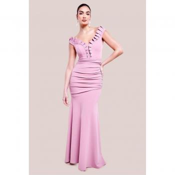 Goddiva Women’s Rose Pink Off‑Shoulder Frilled Maxi Dress (Size 16)