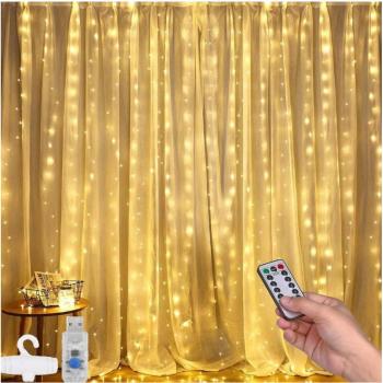 Voile Lumineux LED USB 8 Modes avec Télécommande Blanc Chaud 3x3m