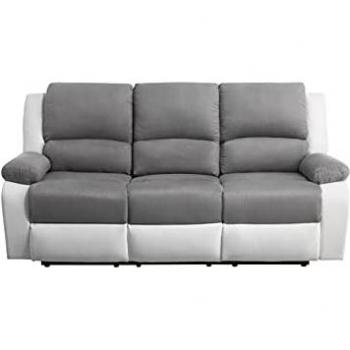 Canapé LOUNGITUDE 3 Places Électrique – Microfibre & Simili LEO – Blanc/Gris – Dimensions 193 x 93 x 96 cm