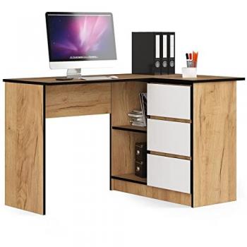 Bureau AKORD d'angle droit 124 cm 3 tiroirs et 2 étagères
