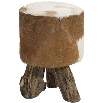 Authentic Goat Leather Round Footstool on Teak Wood Tripod