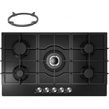 Cookology 90 cm Five‑Burner Gas‑On‑Glass Hob with Integrated Wok Stand (GGH905BK)