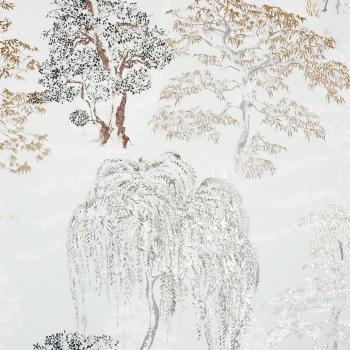 Beige and Grey Wallpaper with Oriental Garden and Silver Willow Trees