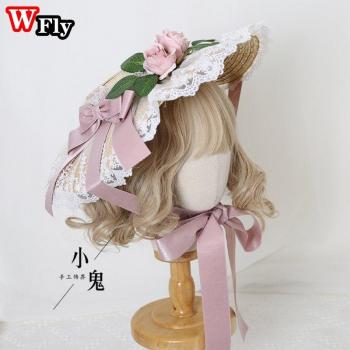 Sommet d’été Lolita, chapeau en paille fait main, broderie florale et nœud