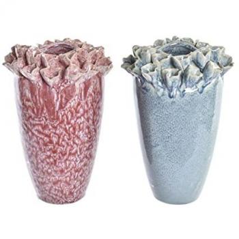 Jarrón DKD Rosa Turquesa Gres Flor Mediterráneo 18 x 18 x 25 cm y 16 x 16 x 26 cm (2 Unidades)