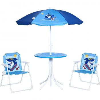 Set de camping familial – 4 chaises pliantes et table, parasol inclus, idéal 3-6 ans, bleu
