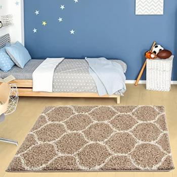 Trellis Patterned Shaggy Living Room Rug, Beige/Ivory, 120x120 cm