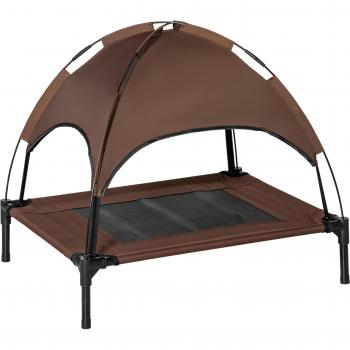 PawHut erhöhtes Hundebett Outdoor mit Baldachin, 76x61x73cm, atmungsaktiver Taftstoff, Kaffee