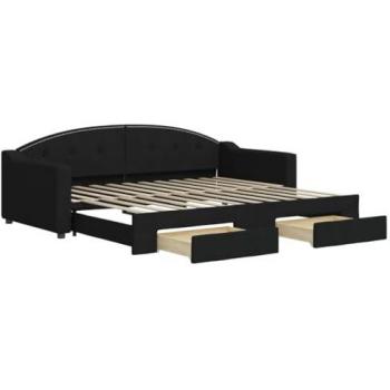 Lit de jour tissu noir 90x200 cm avec tiroirs et gigogne