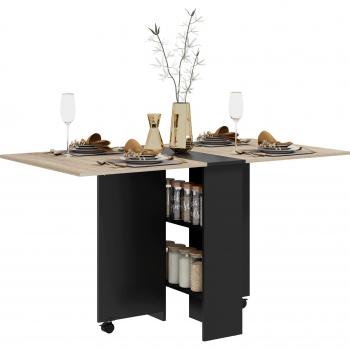 Tavolo Consolle Pieghevole Allungabile con Ruote e Ripiani per 4-6 Persone 140x75x74cm Rovere e Nero