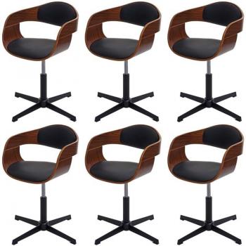 Groupe de 6 chaises HHG 496 – réglable, pivotante, bois mvg courbé, noyer, similicuir noir