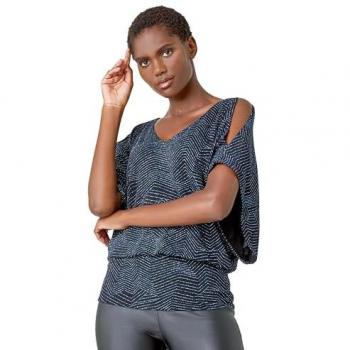 Glitter Cold Shoulder Blouson Stretch Top for Women