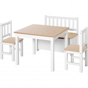 HOMCOM Conjunto Infantil de Mesa Banco y 2 Sillas de Madera Blanco