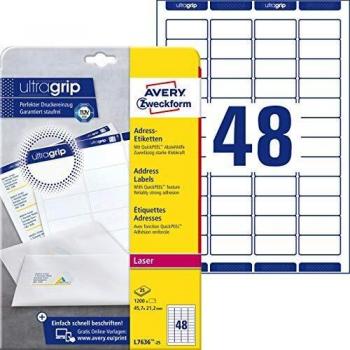Avery Zweckform L7636-25 Laser Printable Labels, 45.7 x 21.2 mm, 1200 Labels (25 Sheets)