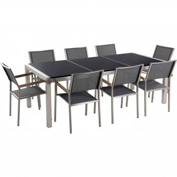 Ensemble de jardin avec table en granit noir et 8 chaises grises