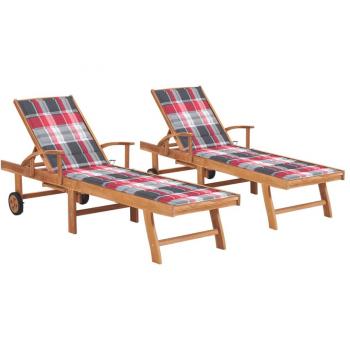 Sonnenliegen Set 2 Stk. mit Auflagen Rot Karomuster aus Massivholz Teak