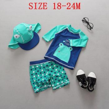 Boys Frog Print Long Sleeve Swimsuit with UV Protection + Cap