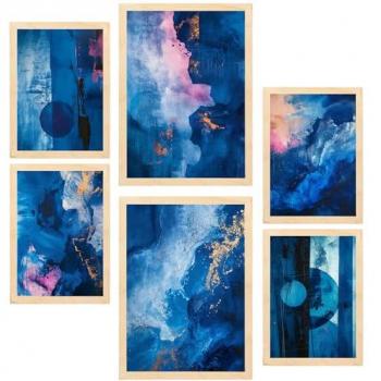 Set de 6 Ilustraciones Abstractas Colores Azul Cian Rosa para Decorar Paredes A3 y A4 Sin Marco