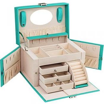 ADEL DREAM Schmuckkasten, groß, abschließbar, 4 Ebenen mit 3 Schubladen, mit Spiegel, für Ringe, Ohrringe, Halsketten und Armbänder, elegant und klassisch