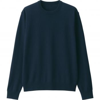 MUJI Dunkelblauer Wollpullover für Herren, Rundhals, hohe Maschenweite, XL
