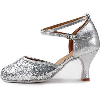 HIPPOSEUS Women Standard Latin Dance Shoes, Closed Toes, Heel Height 7CM, Silver, UK 5.5/EU 38