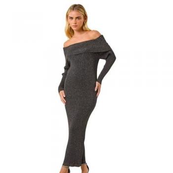 Robe Midi Petite en Tricot Métallique Noir