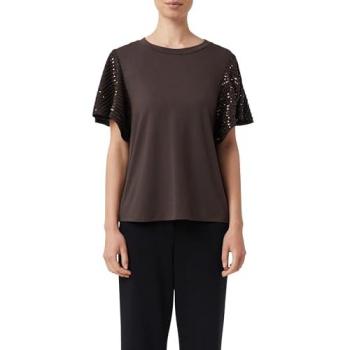 COMMA Fashion T-Shirt Braun (dam) 44 – Pailletten-Volant-Ärmel