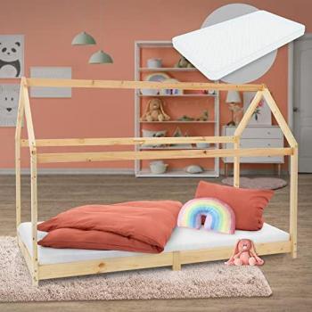 Cama infantil de pino con colchón en forma de casa 200x90 cm
