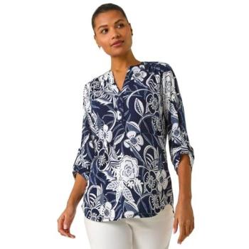 Women's Navy V‑Neck Floral Print Stretch Top – Size 18
