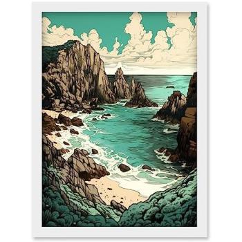 Artery8 Porthcurno Granite Cliff Coastal Panorama – White A4
