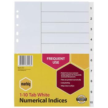 Polypropylene A4 White Index Tabs – 1–10