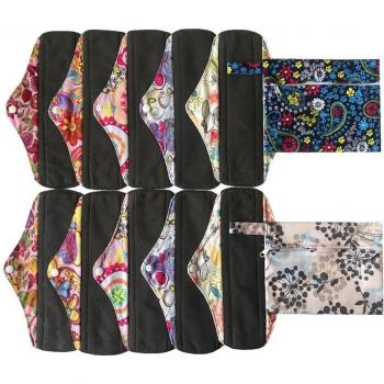 MUMBABY 12pcs Set: Charcoal Bamboo Regular Menstrual Pads & Wet Bags