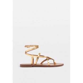Stradivarius Flat Strappy Leather Sandals Gold 5