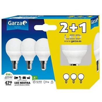 Pack 2+1 bombillas Garza LED esférica, 6 W, casquillo E14, 220º, 470 lúmenes