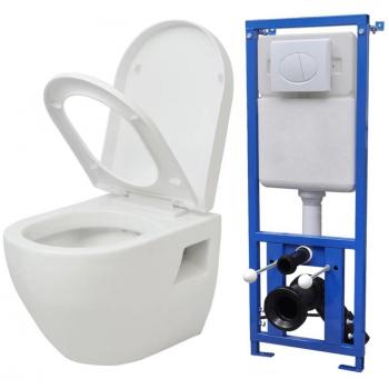Toilette a Muro in Ceramica Bianca con Sciacquone