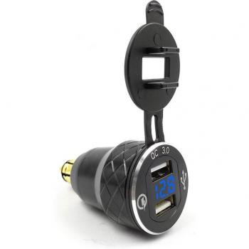 Black Aluminum Alloy Quick Charge 3.0 Dual USB Motorcycle Charger with Voltmeter