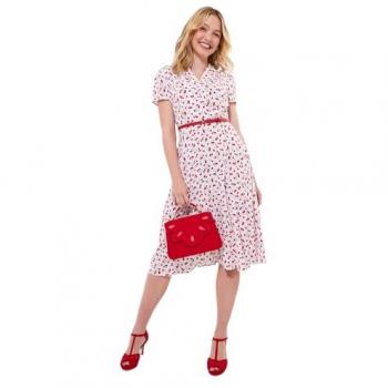 White Midi Dress, Petite, Cherry Print – Tie‑Waisted (S12)