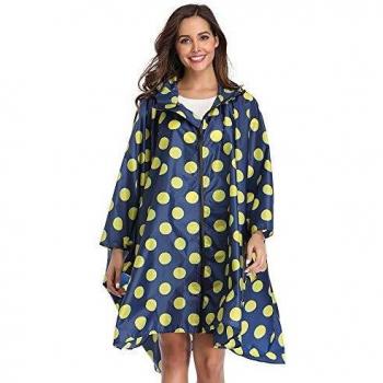 Outdoor Adult Rain Poncho: Hood, Zip, Yellow Polka Dots
